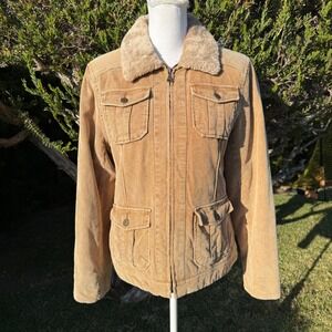Esprit Tan Corduroy Faux Fur Collar Zip Front Utility Jacket Women's Medium